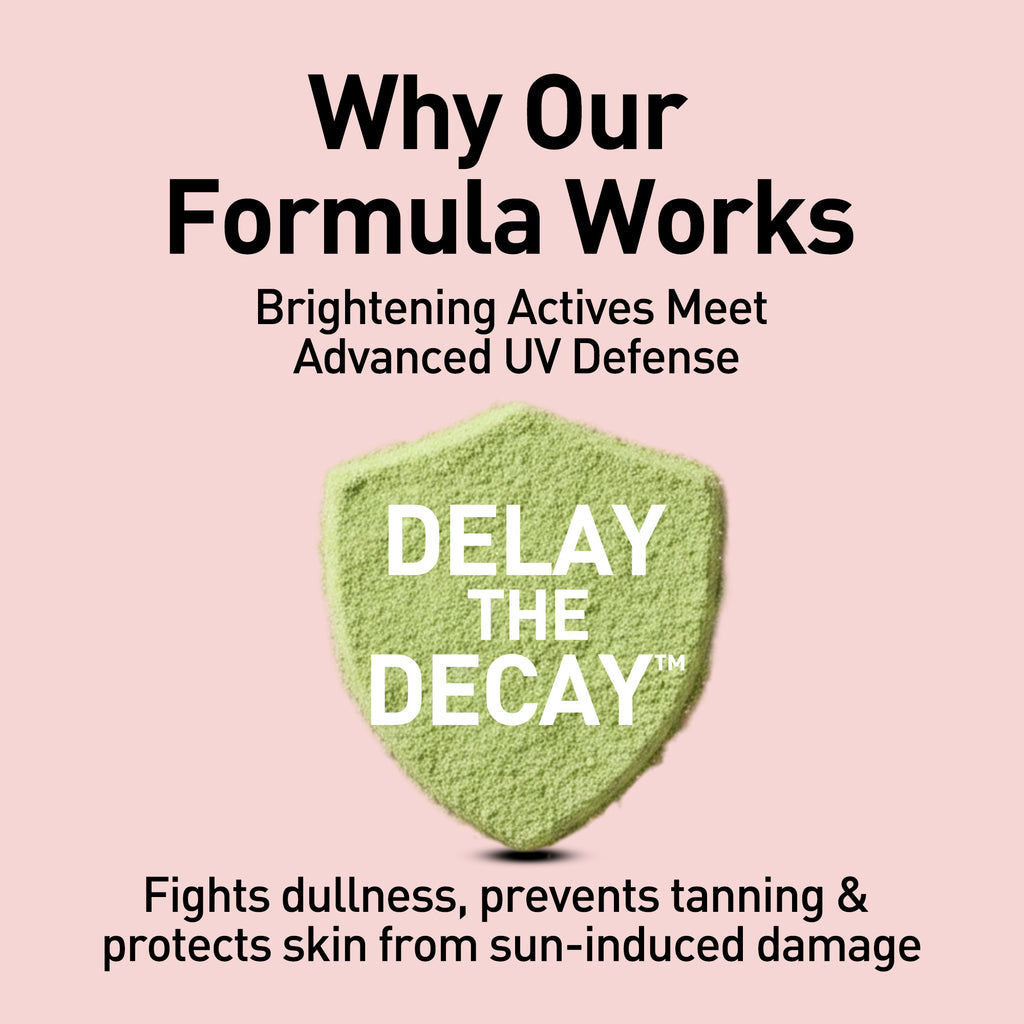 Promotional graphic for a skincare product with text about formula benefits on a pink background.