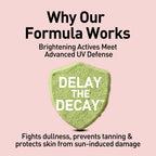 Promotional graphic for a skincare product with text about formula benefits on a pink background.