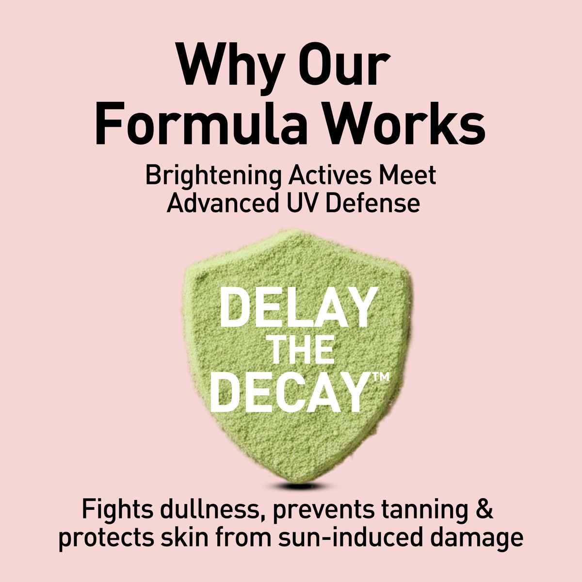 Promotional graphic for a skincare product with text about formula benefits on a pink background.