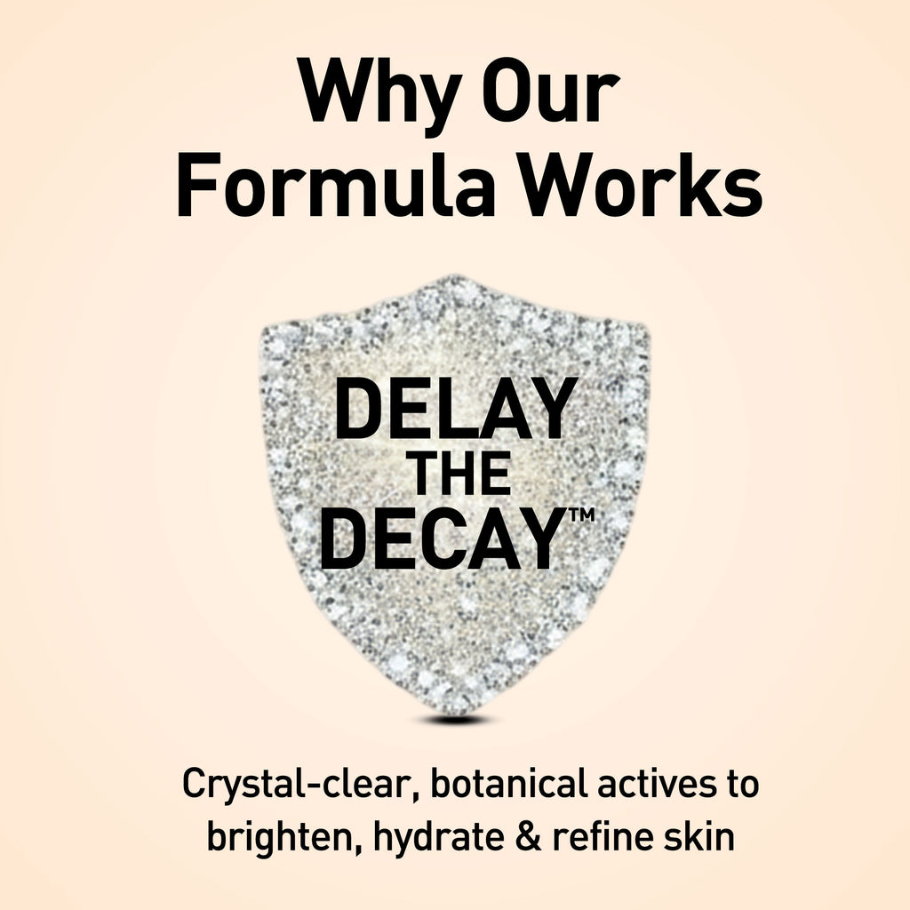 Promotional graphic for skincare product with text 'Why Our Formula Works' and 'DELAY THE DECAY'.