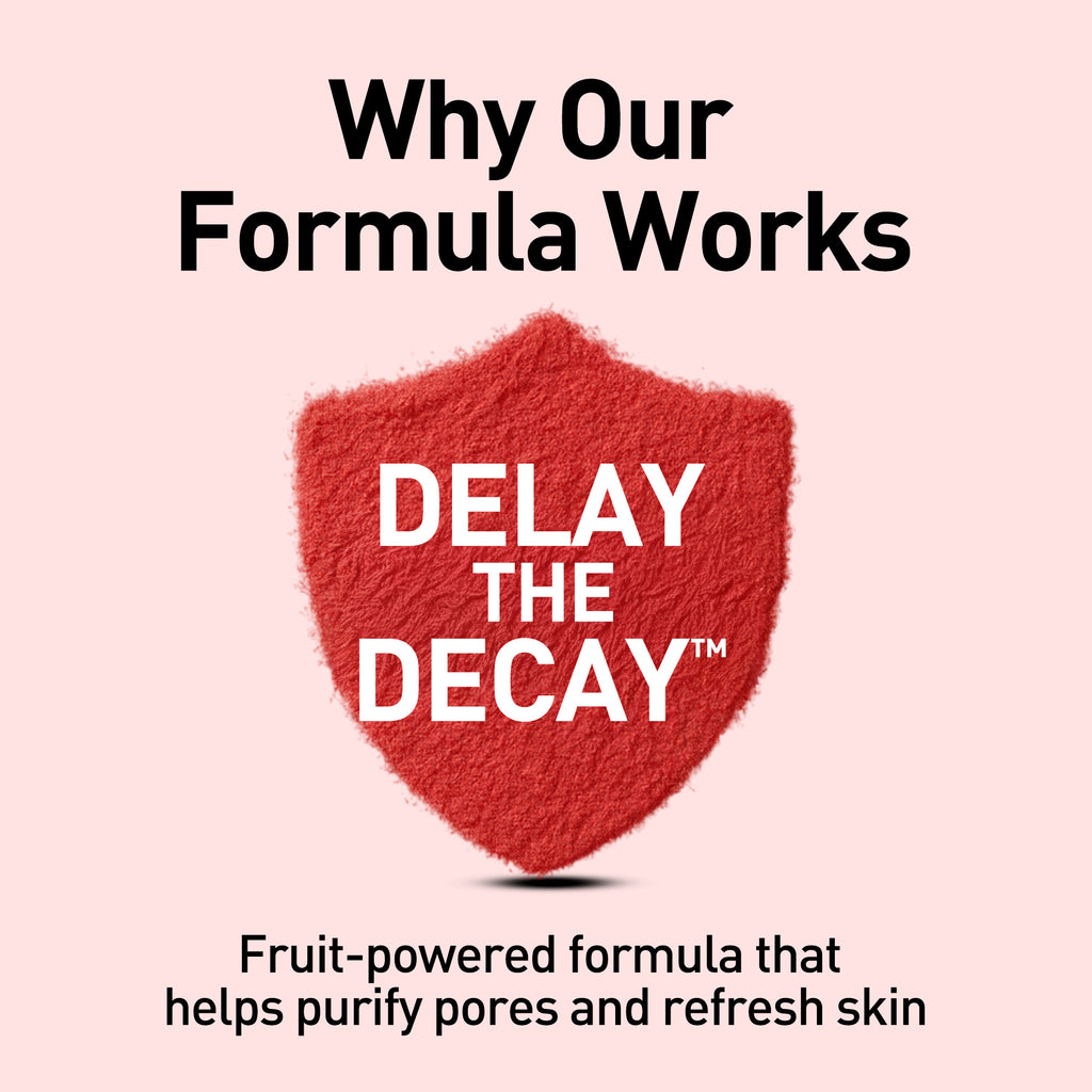 Promotional graphic with a red shield and text about a fruit-powered skincare formula on a pink background.