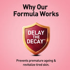 Promotional graphic with a shield logo and text on a pink background, featuring the brand 'Delay the Decay'.