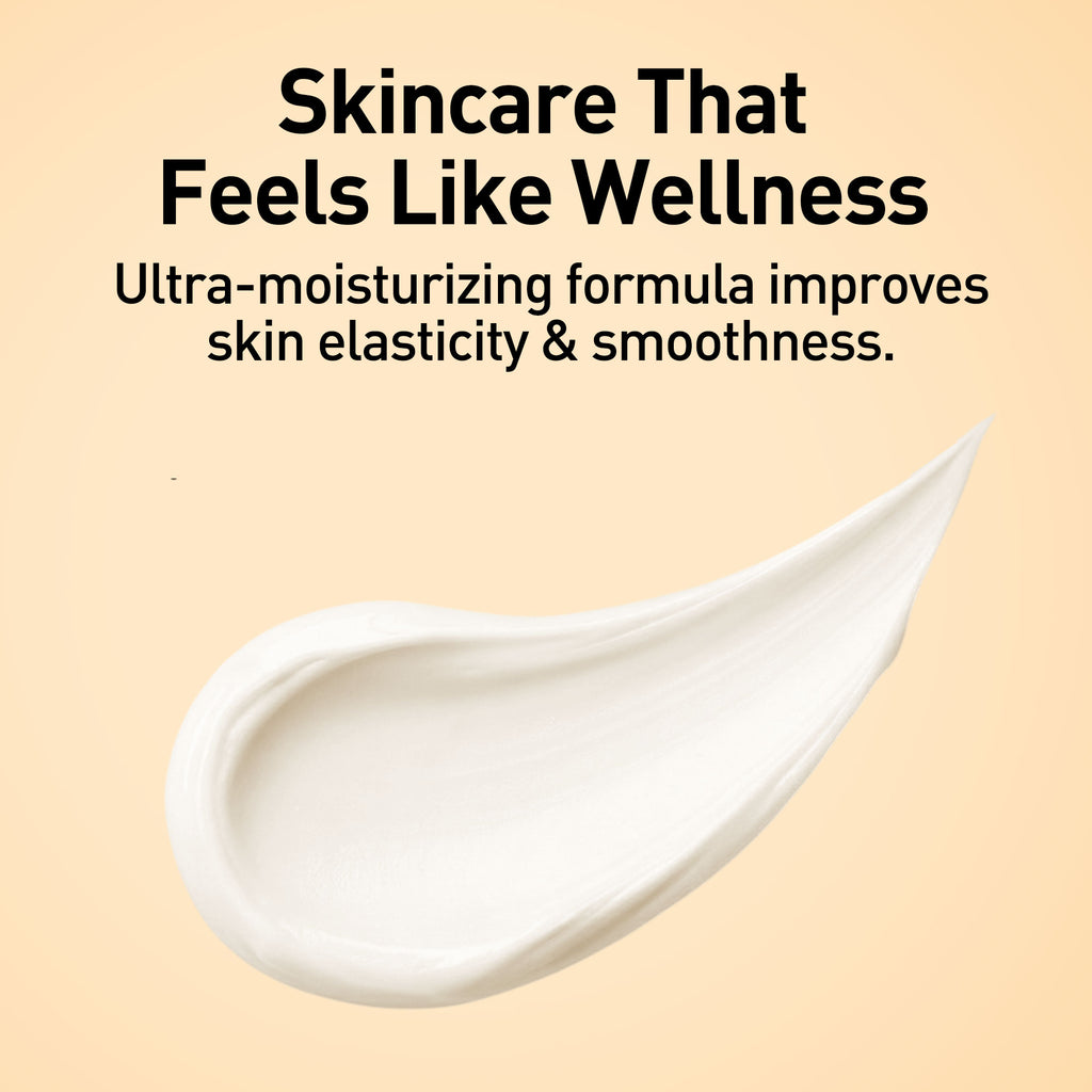 Skincare product with a droplet shape on a beige background, featuring text about skincare benefits.