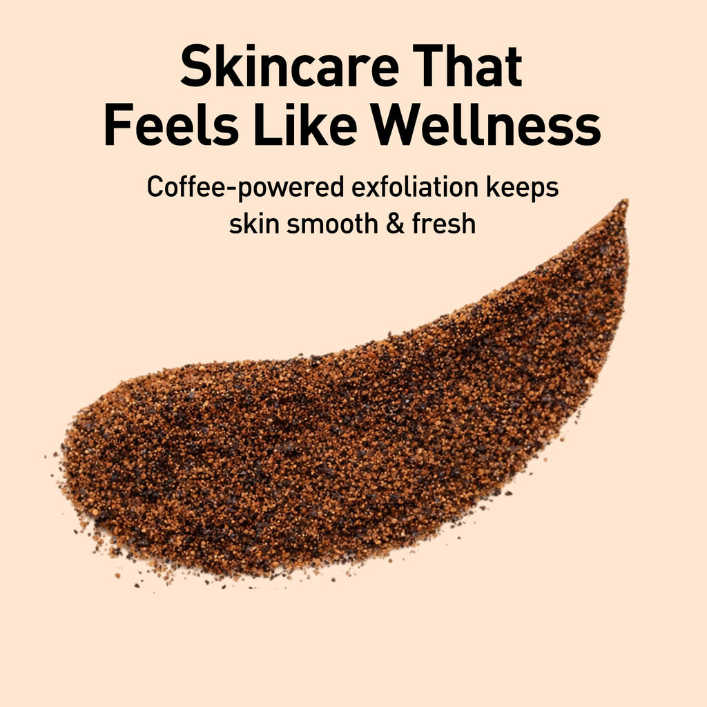 Coffee-powered exfoliant with text on a beige background