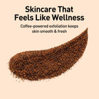 Coffee-powered exfoliant with text on a beige background