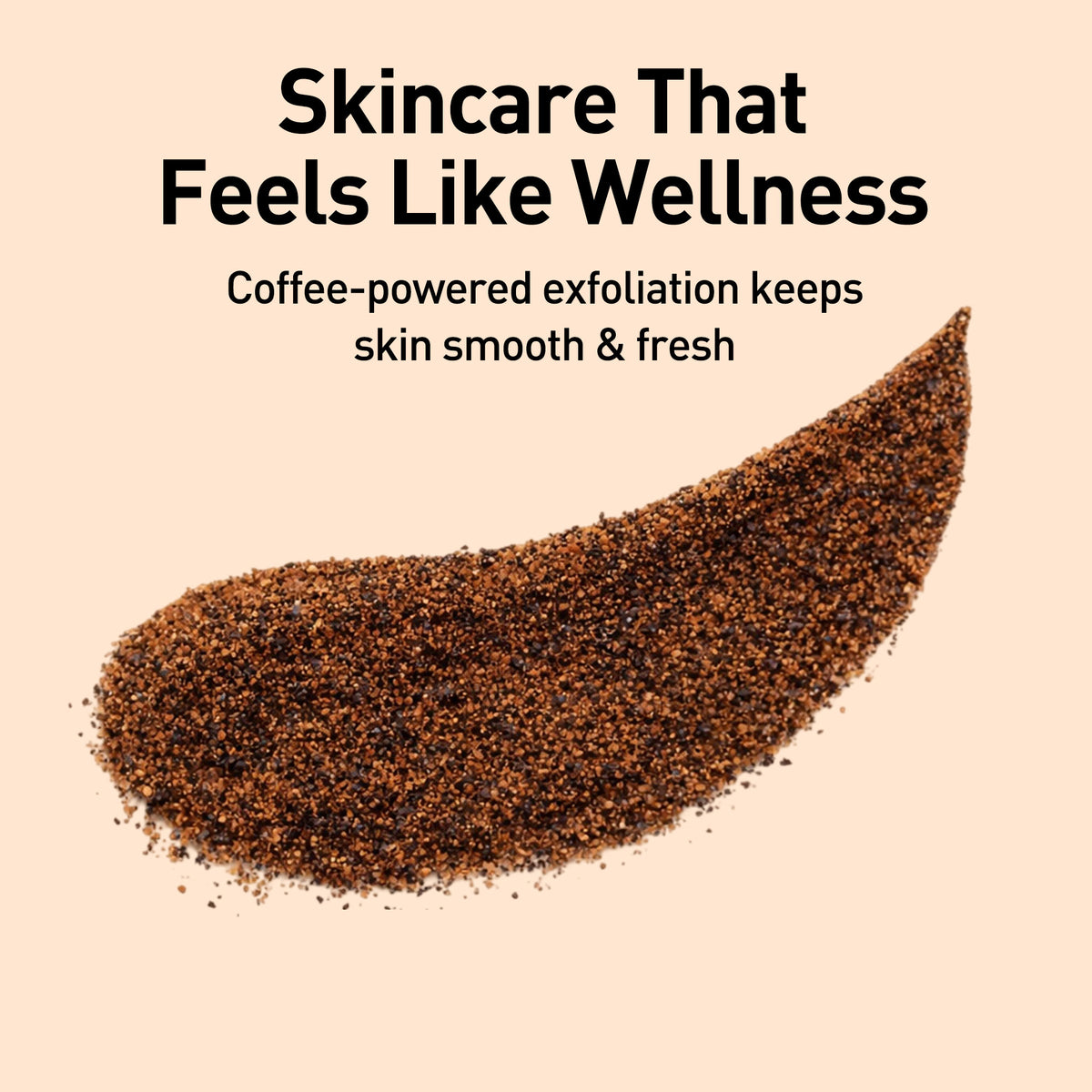 Coffee-powered exfoliant with text on a beige background