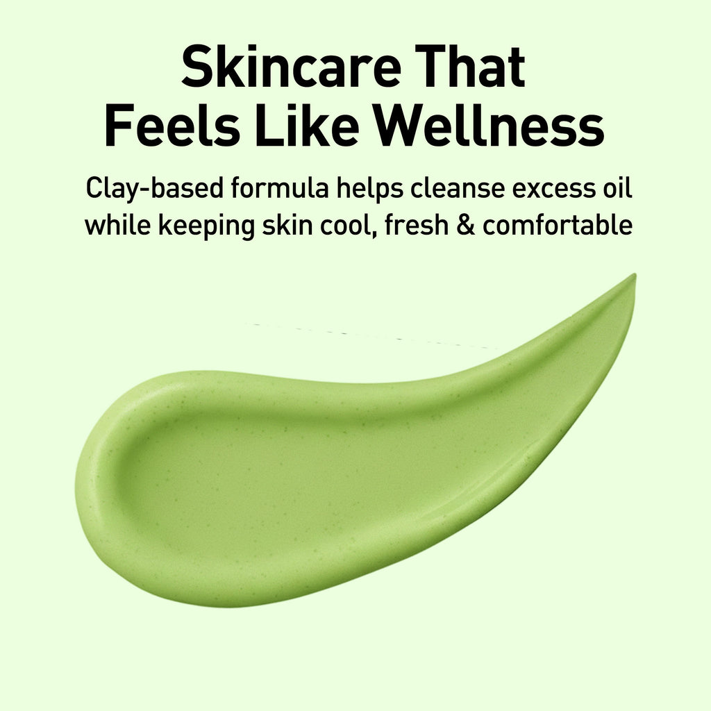 Green clay-based skincare product with text on a light green background