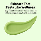 Green clay-based skincare product with text on a light green background