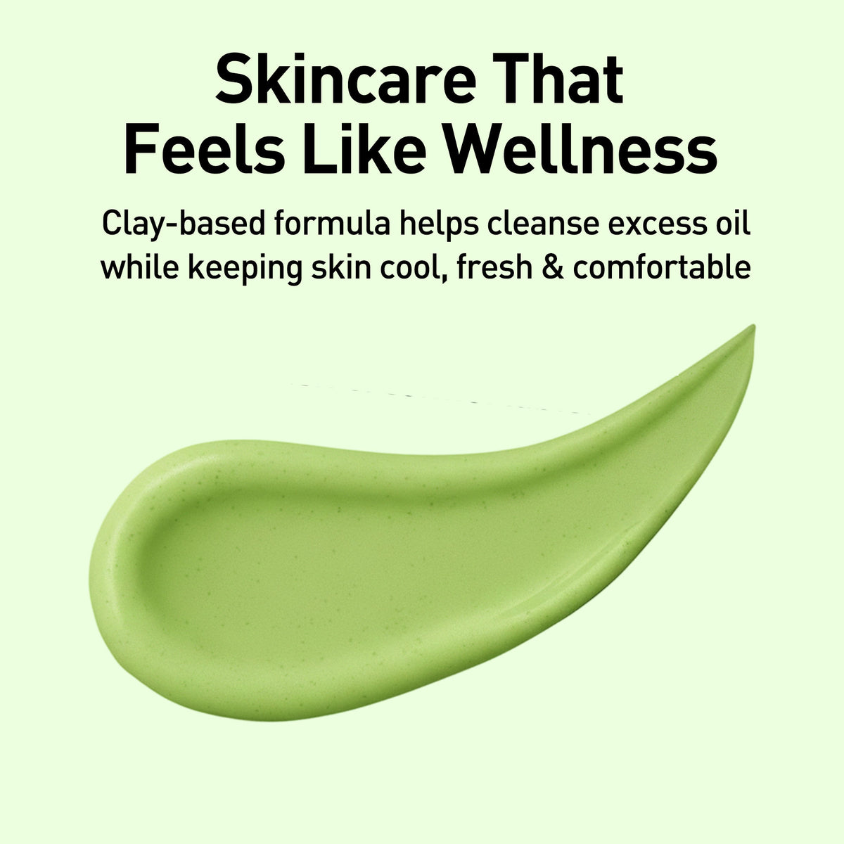 Green clay-based skincare product with text on a light green background