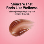 Soothing wine gel on a pink background with text about skincare.