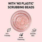 Pink scrub with text highlighting eco-friendliness, active cleansing, and smooth skin benefits on a pink background.