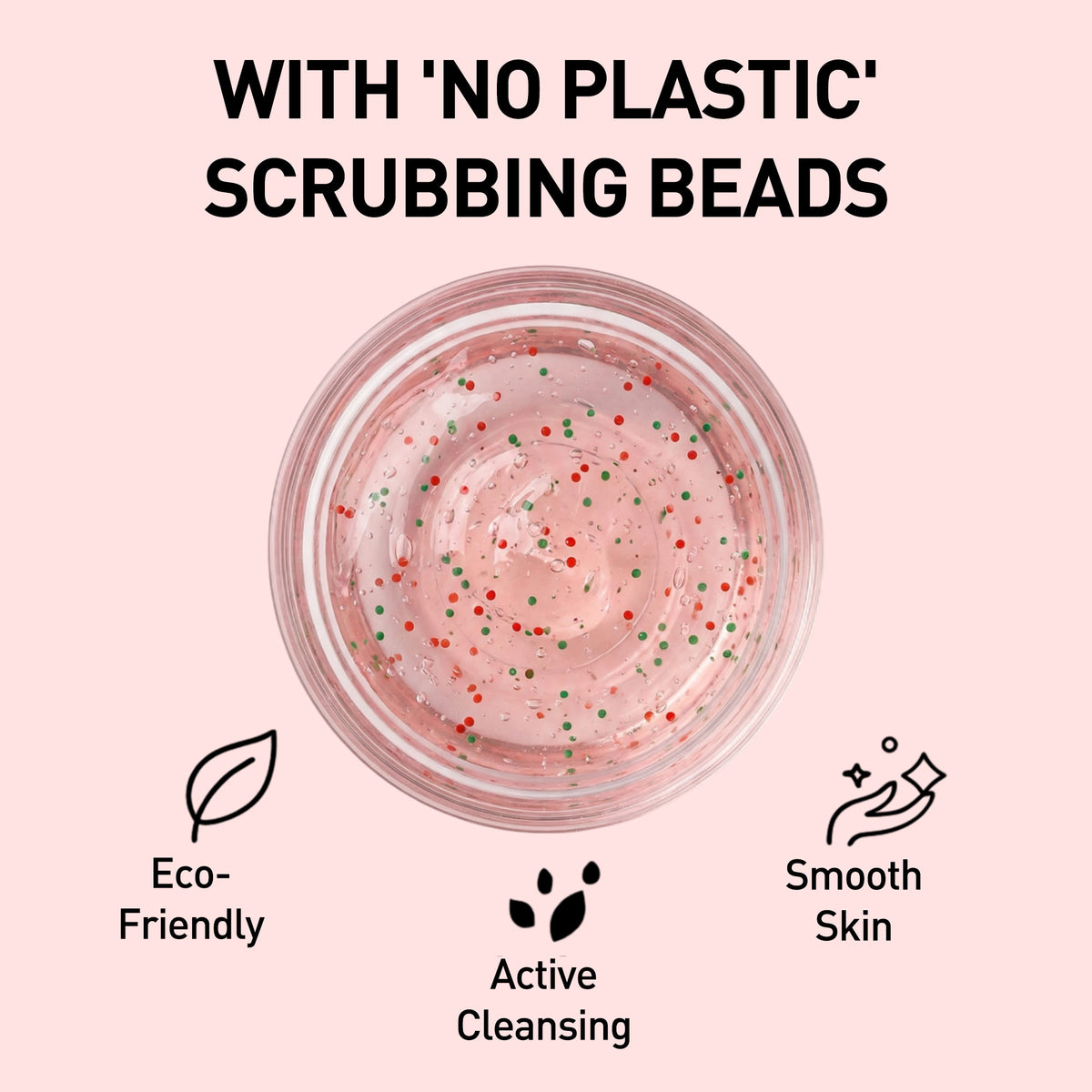 Pink scrub with text highlighting eco-friendliness, active cleansing, and smooth skin benefits on a pink background.