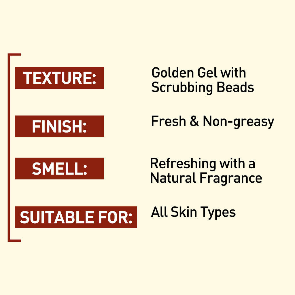 Product feature card with texture, finish, smell, and suitability details on a beige background.