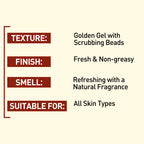 Product feature card with texture, finish, smell, and suitability details on a beige background.