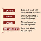 Product description card with texture, finish, smell, and suitability for use on a beige background.