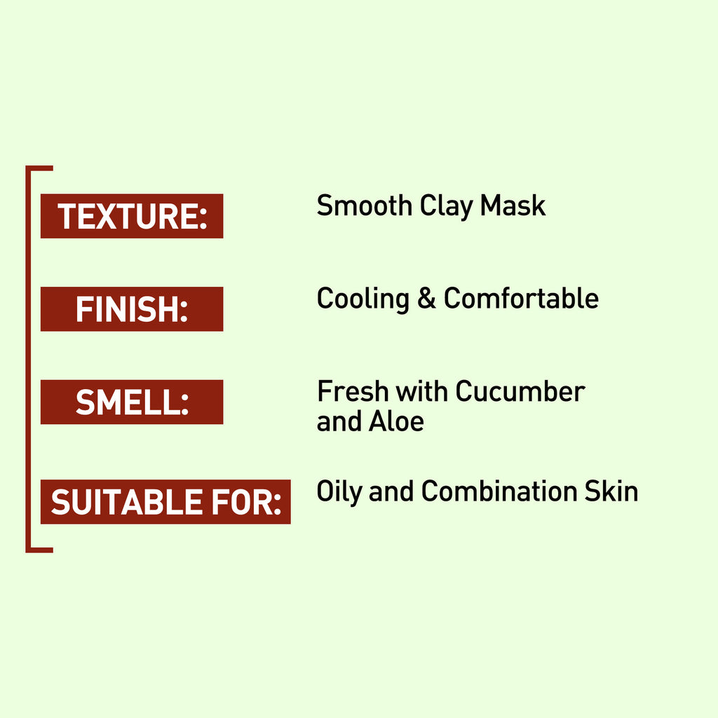 Product description card for a smooth clay mask with texture, finish, smell, and suitability for skin type on a light green background.