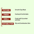 Product description card for a smooth clay mask with texture, finish, smell, and suitability for skin type on a light green background.