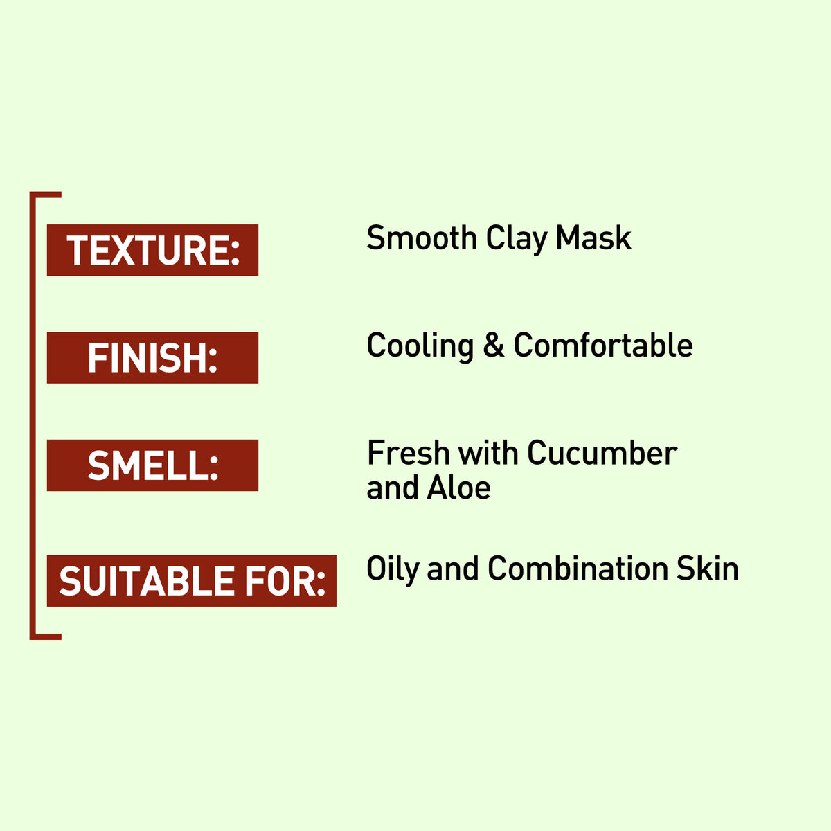 Product description card for a smooth clay mask with texture, finish, smell, and suitability for skin type on a light green background.