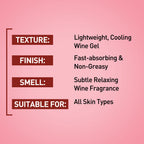 Product feature card with texture, finish, smell, and suitability for all skin types on a pink background.