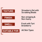 Product feature card with texture, finish, smell, and suitability details on a pink background.