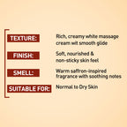 Product description card with texture, finish, smell, and suitability for skin on a beige background