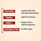 Product description card with texture, finish, smell, and suitability details on a beige background.