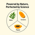 Diagram showing Neem, Turmeric, and Papaya with text 'Powered by Nature, Perfected by Science' on a beige background.