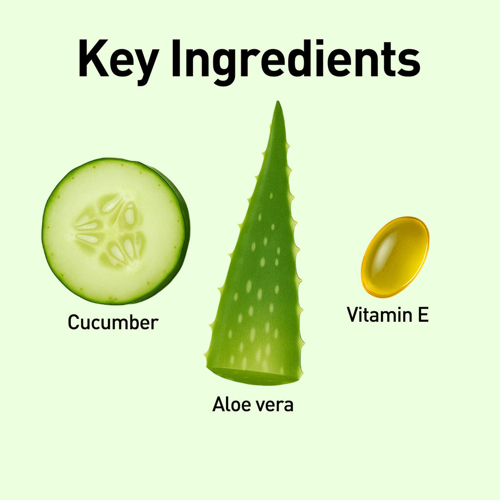 Key ingredients for a skincare product including cucumber, aloe vera, and vitamin E on a green background.