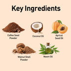 Key ingredients including coffee seed powder, coconut oil, apricot seed oil, walnut shell powder, and neem oil on a beige background.