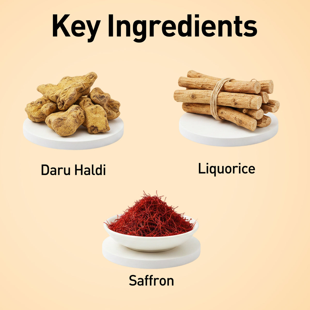 Key ingredients including Daru Haldi, Liquorice, and Saffron on a beige background.
