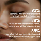 Close-up of a person's face with skincare product, showing user feedback on product benefits.