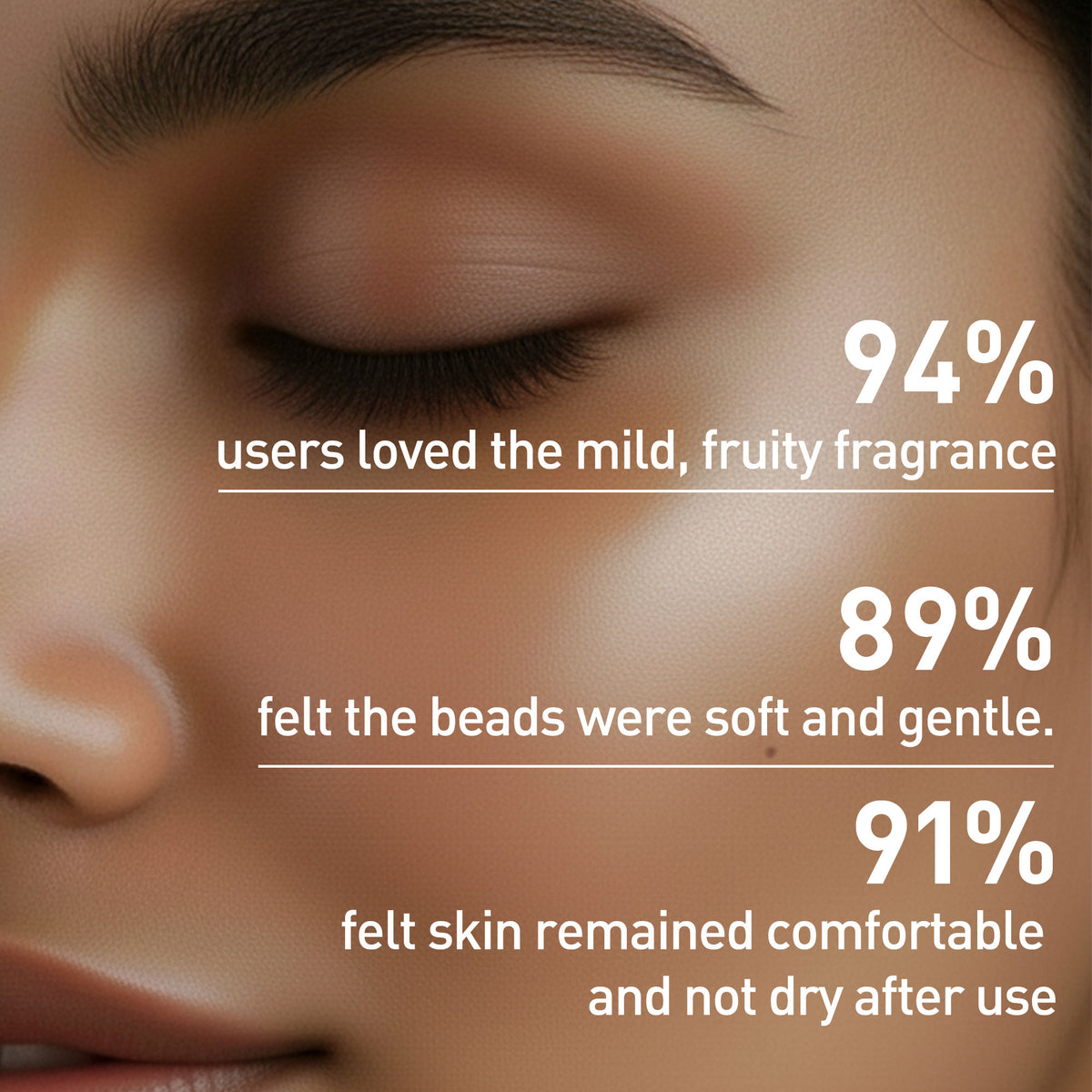 Close-up of a person's face with text about product user feedback on fragrance and texture.