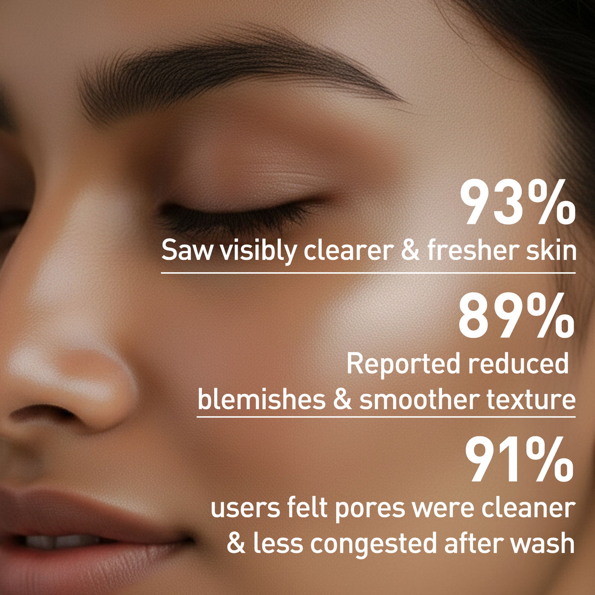 Close-up of a person's face with skincare benefits text overlay