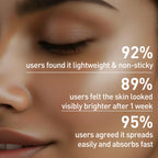 Close-up of a person's face with text highlighting skincare product features.
