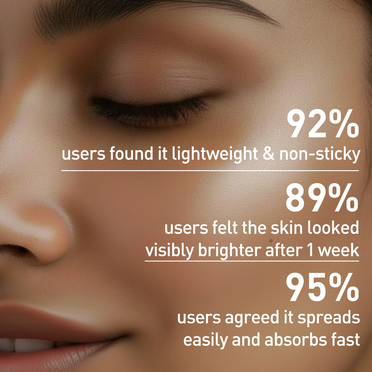 Close-up of a person's face with text highlighting skincare product features.