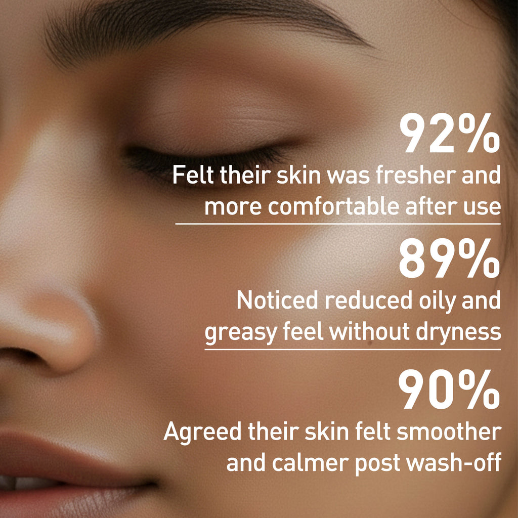 Close-up of a person's face with skincare product application, showing text about skin benefits.