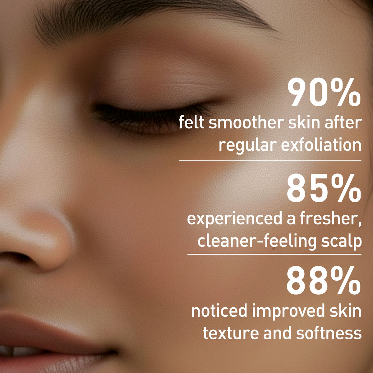 Close-up of a person's face with text about skin improvement after exfoliation