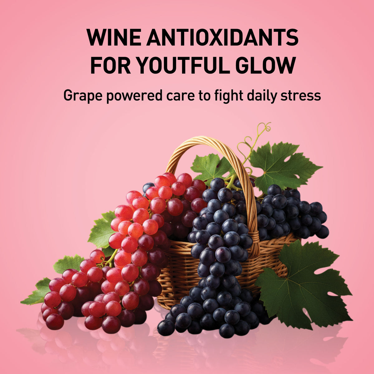 Wine antioxidants with grapes in a basket on a pink background