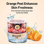 W2 brightening diamond peel product with orange peels and water splash on a beige background