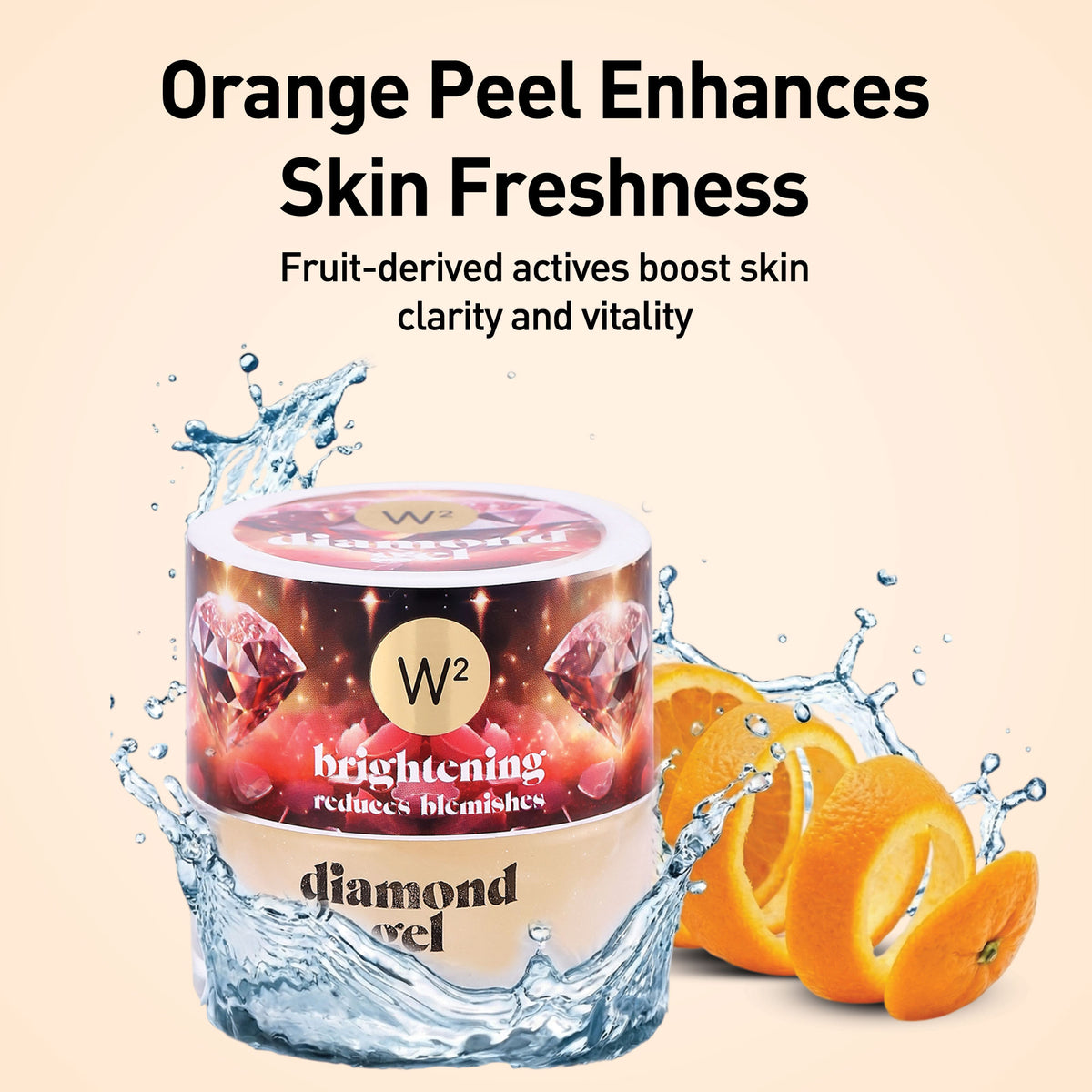 W2 brightening diamond peel product with orange peels and water splash on a beige background