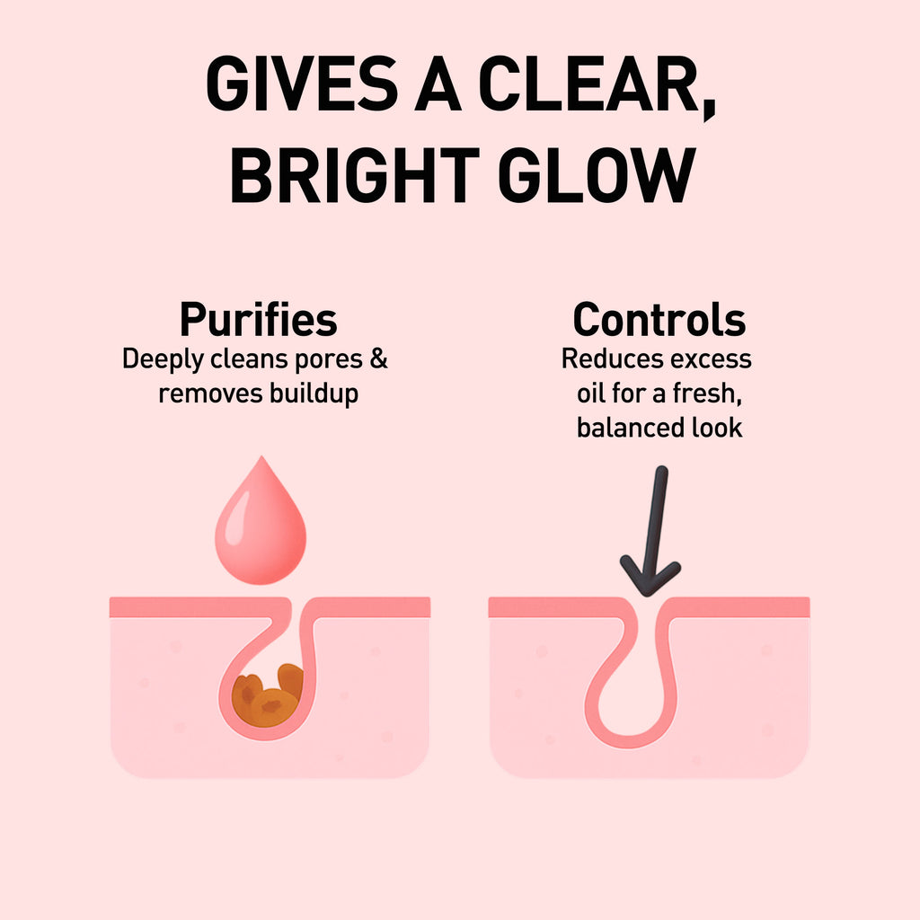 Illustration of skin purification and oil control with text on a pink background