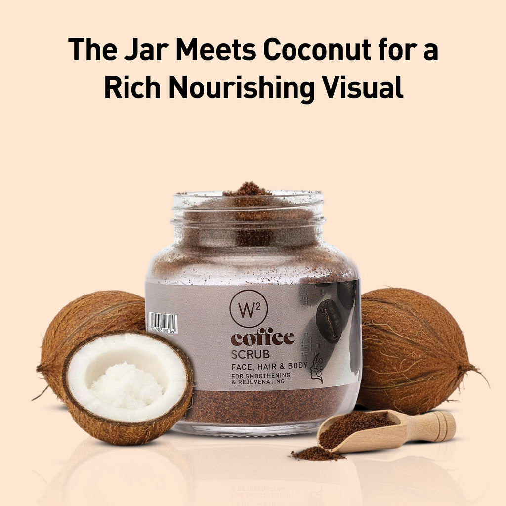 Jar of coffee scrub with coconuts on a beige background