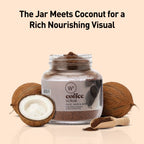 Jar of coffee scrub with coconuts on a beige background