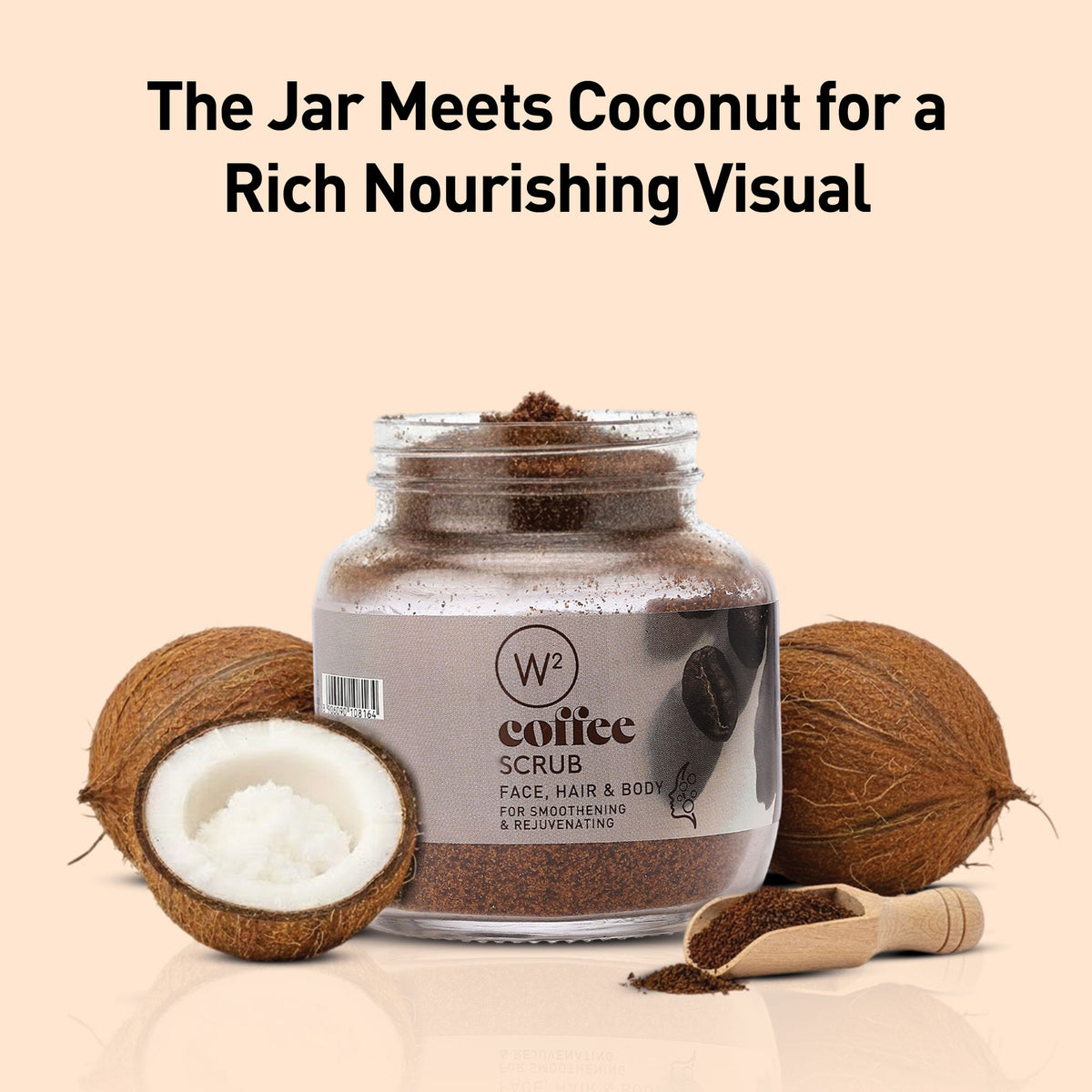 Jar of coffee scrub with coconuts on a beige background