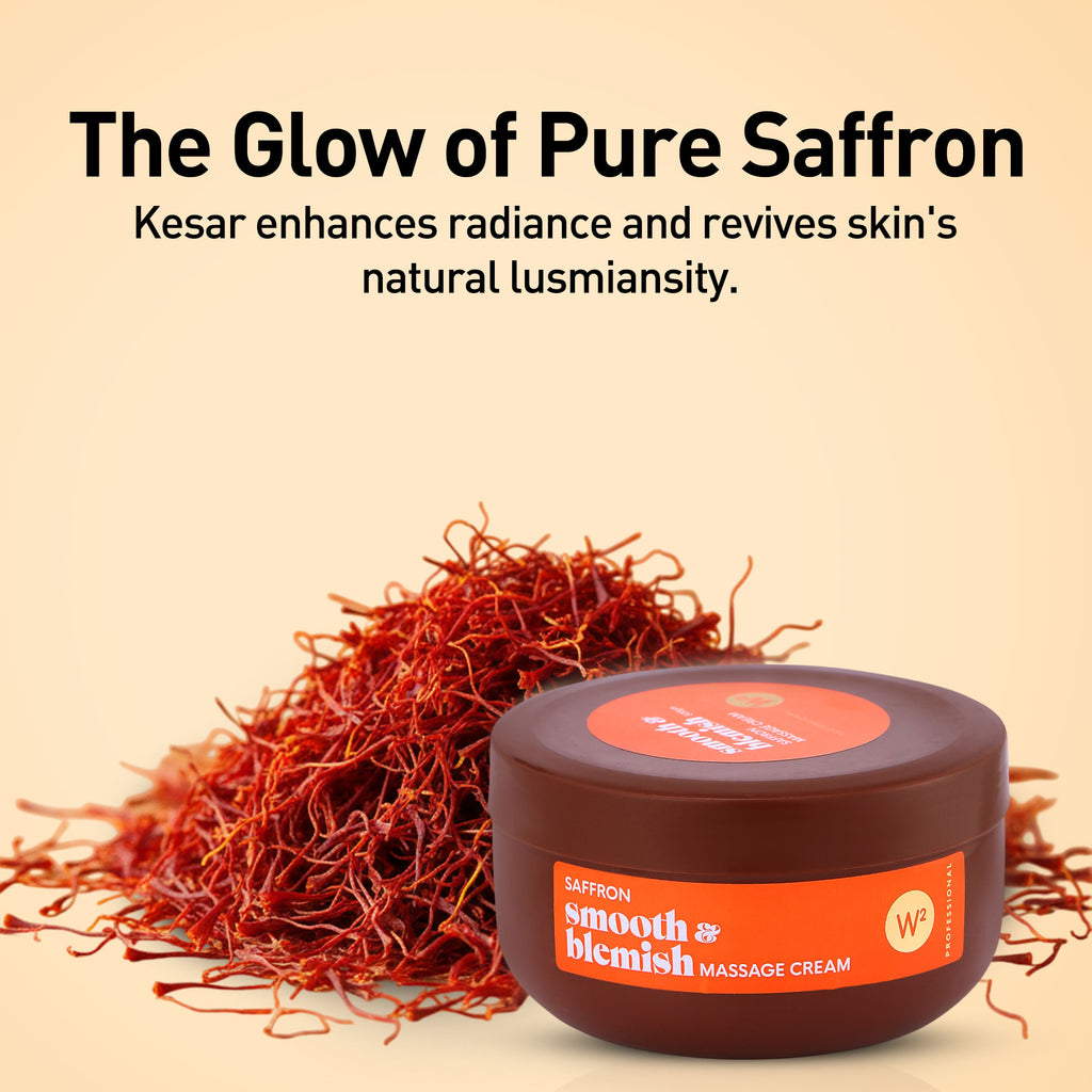 Saffron threads and a jar of W2 Saffron Smooth & Blemish Massage Cream on a beige background
