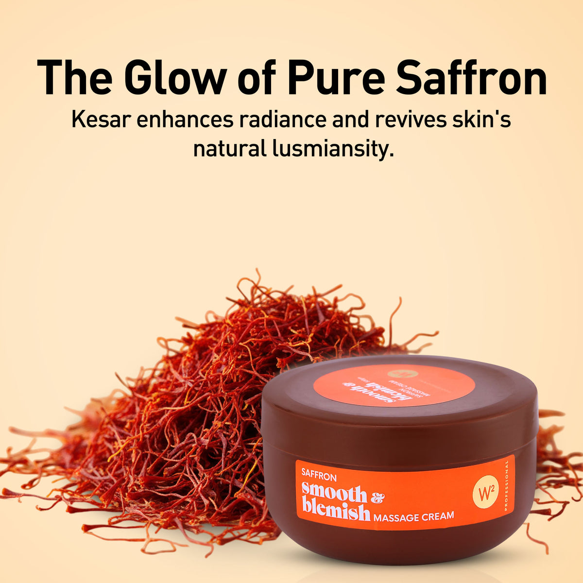 Saffron threads and a jar of W2 Saffron Smooth & Blemish Massage Cream on a beige background