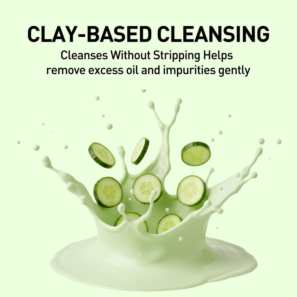 Cucumber slices in a splash of liquid with text about clay-based cleansing.