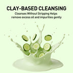 Cucumber slices in a splash of liquid with text about clay-based cleansing.