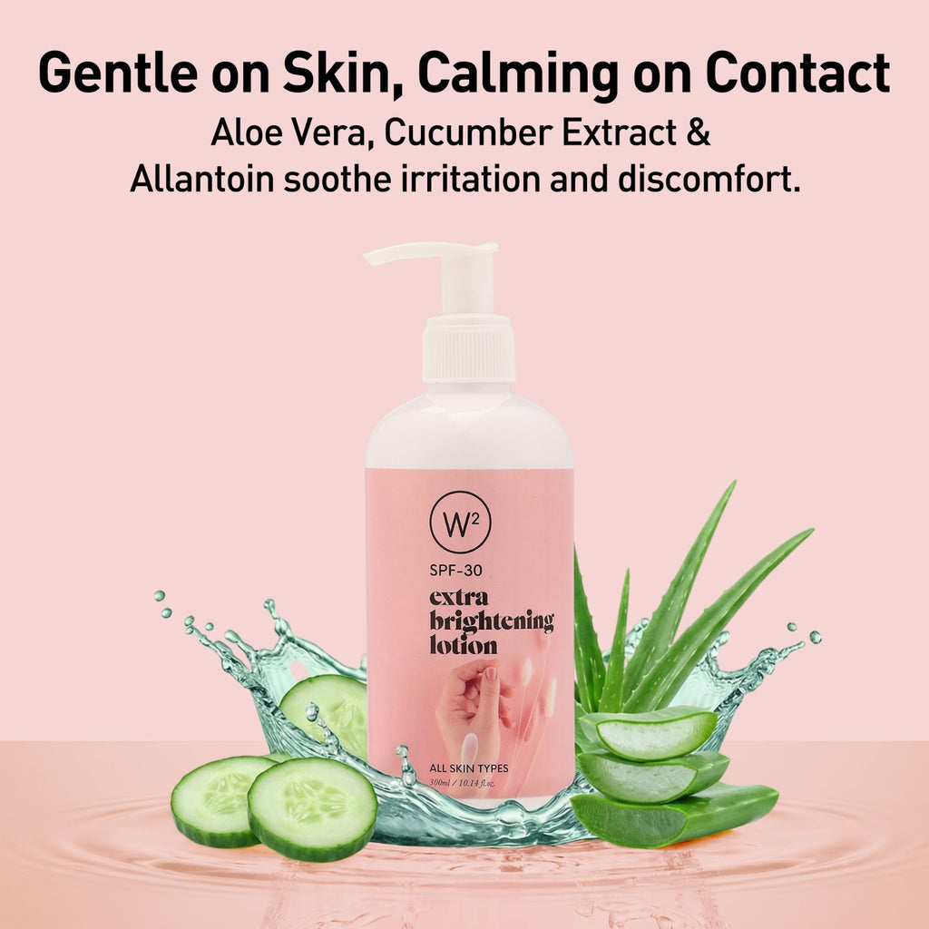 Pink lotion bottle with aloe vera and cucumber on a pink background