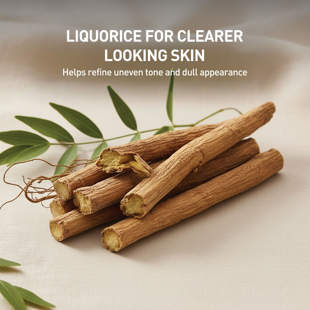 Liquorice roots with green leaves on a beige background, labeled for skincare benefits.